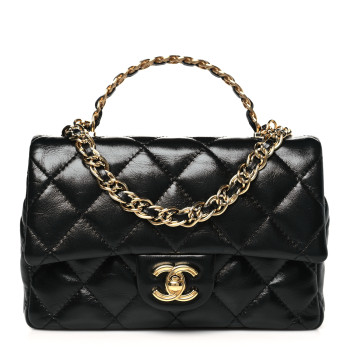 CHANEL Shiny Lambskin Quilted Golden Links Top Handle Flap Black