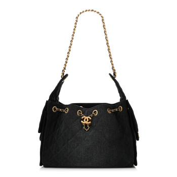 CHANEL Washed Denim Quilted Small Chanel 25 Handbag Black