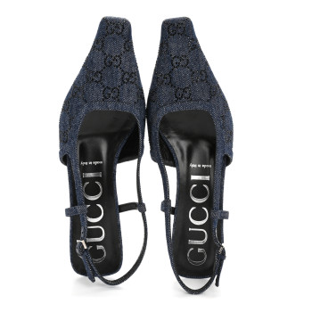 GUCCI Denim GG Monogram Malaga Kid Crystal Square G 35mm Slingback Pumps 40 Blue