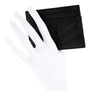 SAINT LAURENT Grain De Poudre Matelasse Chevron Monochrome Monogram Credit Card Case Black