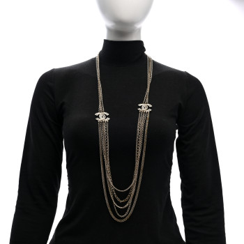CHANEL Multi Strand Chain Baguette Crystal CC Necklace Gold