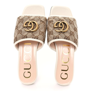 GUCCI Monogram Matelasse Diagonal GG Marmont Flat Slide Sandals 35 Beige Ebony Mystic White