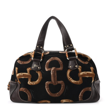 GUCCI Canvas Calfskin Bamboo Horsebit Print Boston Black Dark Brown