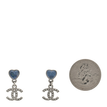 CHANEL Crystal Resin CC Heart Drop Earrings Silver Blue