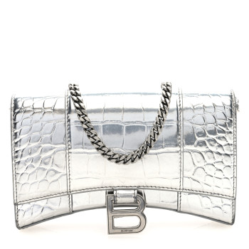 BALENCIAGA Metallic Calfskin Crocodile Embossed Hourglass Chain Bag Silver