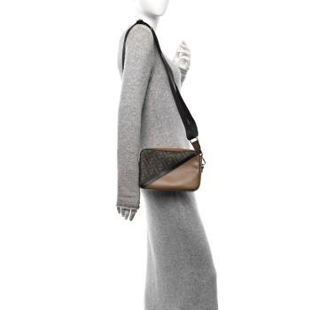 FENDI Glazed Fabric Vitello Cover FF 1974 Diagonal Bi-Color Medium Camera Case Tobacco Moro Sand Black