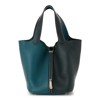 HERMES Taurillon Clemence Casaque Picotin Lock 22 MM Vert Bosphore Deep Bleu