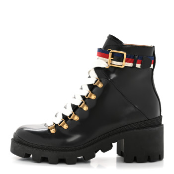 GUCCI Calfskin Sylvie Web Womens Lace Up Combat Boots 38 Black
