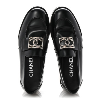 CHANEL Calfskin Metal CC Loafers 36.5 Black