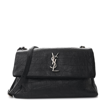 SAINT LAURENT Calfskin Crocodile Embossed Medium West Hollywood Monogram Fold-Over Black
