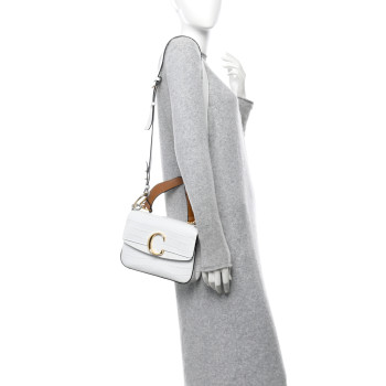 CHLOE Calfskin Crocodile Embossed Small C Double Carry Brilliant White