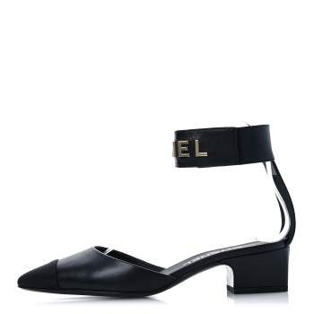 CHANEL Lambskin Grosgrain Cap Toe Logo Ankle Strap Pumps 36.5 Black