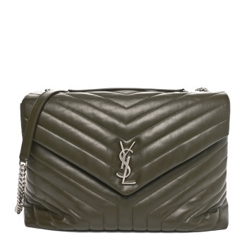 SAINT LAURENT Calfskin Y Quilted Monogram Large Loulou Chain Satchel Kaki Fonce