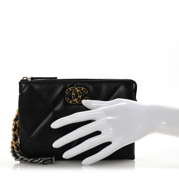 CHANEL Shiny Goatskin Quilted Small Chanel 19 Pouch With Handle Black