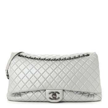 CHANEL Metallic Calfskin Quilted XXL Travel Flap Bag Silver