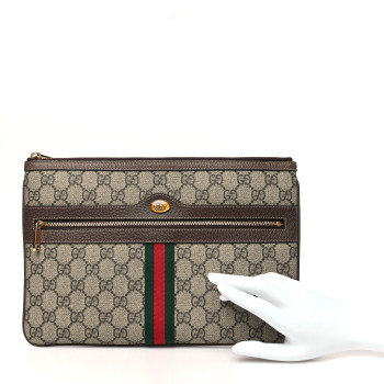 GUCCI GG Supreme Monogram Large Ophidia Pouch Clutch Brown