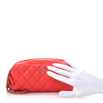 CHANEL Caviar Quilted Double Zip Pouch Cosmetic Case Coral