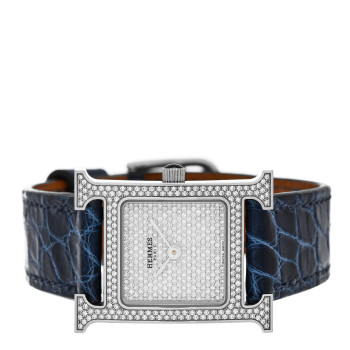 HERMES Stainless Steel Alligator Diamond Pave 21mm Heure H Hour Quartz Watch Bleu Saphir
