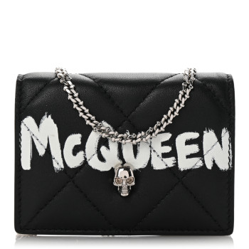 ALEXANDER MCQUEEN Nappa Graffiti Quilted Graffiti Skull Card Holder on Chain Black White