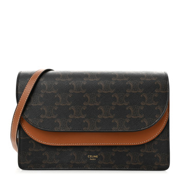 CELINE Triomphe Canvas Lambskin Wallet On Strap Tan