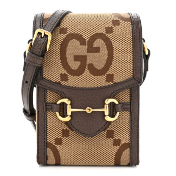 GUCCI Monogram Jumbo GG Textured Dollar Calfskin Mini Horsebit 1955 Crossbody Bag Camel Ebony New Acero
