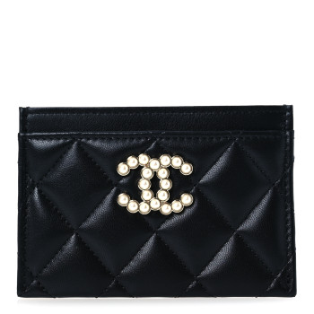 CHANEL Lambskin Quilted Pearl CC Chanel Card Holder Black