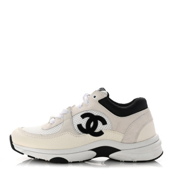 CHANEL Mesh Suede Calfskin Grained Calfskin Womens CC Sneakers 35.5 White Black