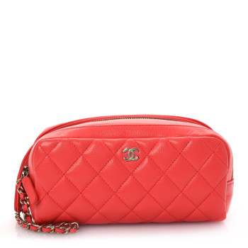 CHANEL Caviar Quilted Double Zip Pouch Cosmetic Case Coral