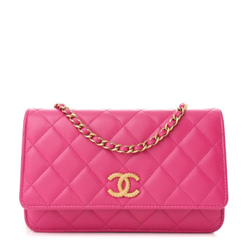 CHANEL Lambskin Quilted Studded CC Wallet On Chain WOC Dark Pink