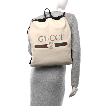 GUCCI Calfskin Logo Drawstring Backpack Mystic White