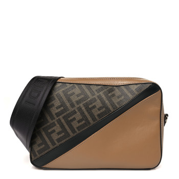 FENDI Glazed Fabric Vitello Cover FF 1974 Diagonal Bi-Color Medium Camera Case Tobacco Moro Sand Black