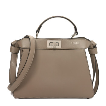 FENDI Vitello Seta Shiny Nappa Logo Embossed Laces Small Peekaboo I SEE U Satchel Tortora