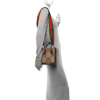 GUCCI Monogram Jumbo GG Textured Dollar Calfskin Web Mini Vertical Tote Camel Ebony New Acero