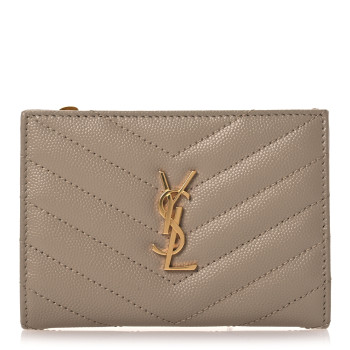 SAINT LAURENT Grain De Poudre Matelasse Chevron Cassandre Fragments Zipperred Bi-Fold Wallet Dark Beige