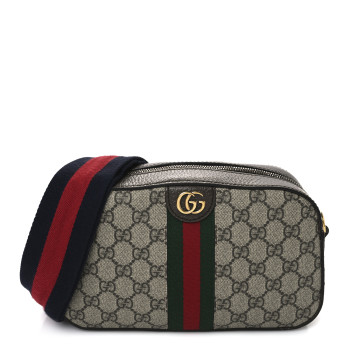 GUCCI GG Supreme Monogram Textured Dollar Calfskin Web Ophidia Small Crossbody Bag Beige Ebony New Acero