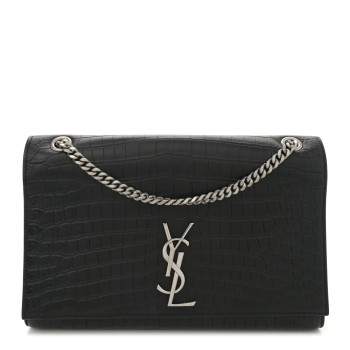 SAINT LAURENT Calfskin Crocodile Embossed Large Classic Monogram Kate Satchel Black