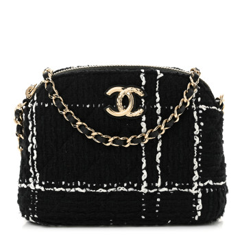 CHANEL Tweed Quilted Mini Clutch With Chain Black White