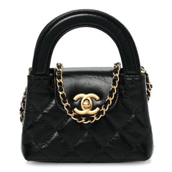 CHANEL Shiny Aged Calfskin Quilted Mini Nano Kelly Shopper Black