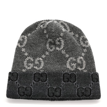 GUCCI Wool Monogram Doubly G Beanie Hat L Black Dark Grey