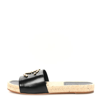 CHANEL Patent Calfskin Crystal CC Espadrille Slip On Sandals 40 Black