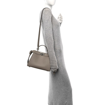 FENDI Vitello Seta Shiny Nappa Logo Embossed Laces Small Peekaboo I SEE U Satchel Tortora