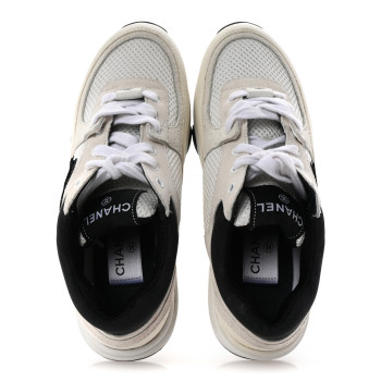CHANEL Mesh Suede Calfskin Grained Calfskin Womens CC Sneakers 35.5 White Black