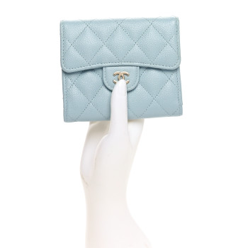 CHANEL Caviar Quilted Compact Flap Wallet Light Blue
