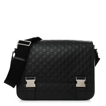 GUCCI Guccissima Signature Medium Double Buckle Flap Messenger Bag Black