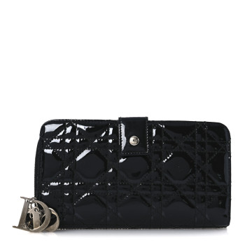 CHRISTIAN DIOR Patent Cannage Lady Dior Continental Wallet Black