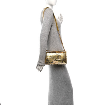 CHANEL Metallic Calfskin Crocodile Embossed Graffiti Medium Cocodile Boy Flap Gold