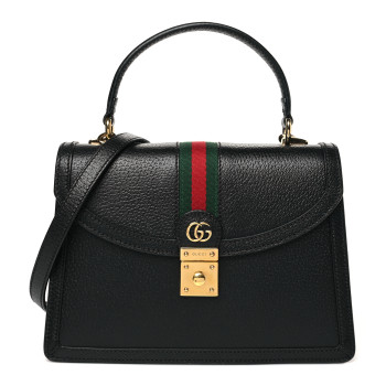 GUCCI Textured Dollar Calfskin Web Small Ophidia Padlock Top Handle Bag Black