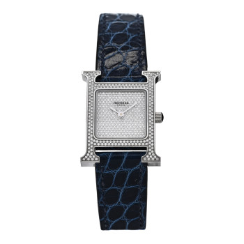 HERMES Stainless Steel Alligator Diamond Pave 21mm Heure H Hour Quartz Watch Bleu Saphir