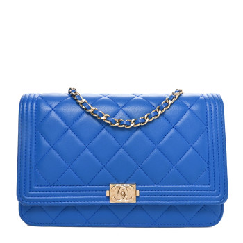 CHANEL Lambskin Quilted Boy Wallet On Chain WOC Blue