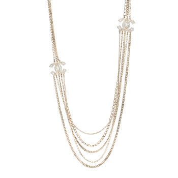 CHANEL Multi Strand Chain Baguette Crystal CC Necklace Gold